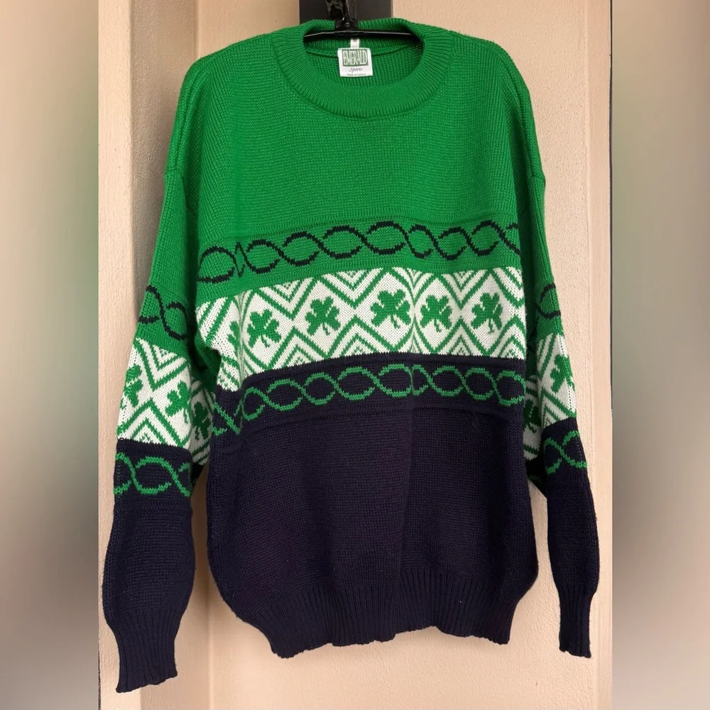 Vintage Emerald Sport Shamrock Celtic Pullover Knit Sweater Made In Ireland M